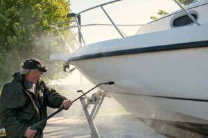 Man cleaning the hull and bow of his boat with a power sprayer